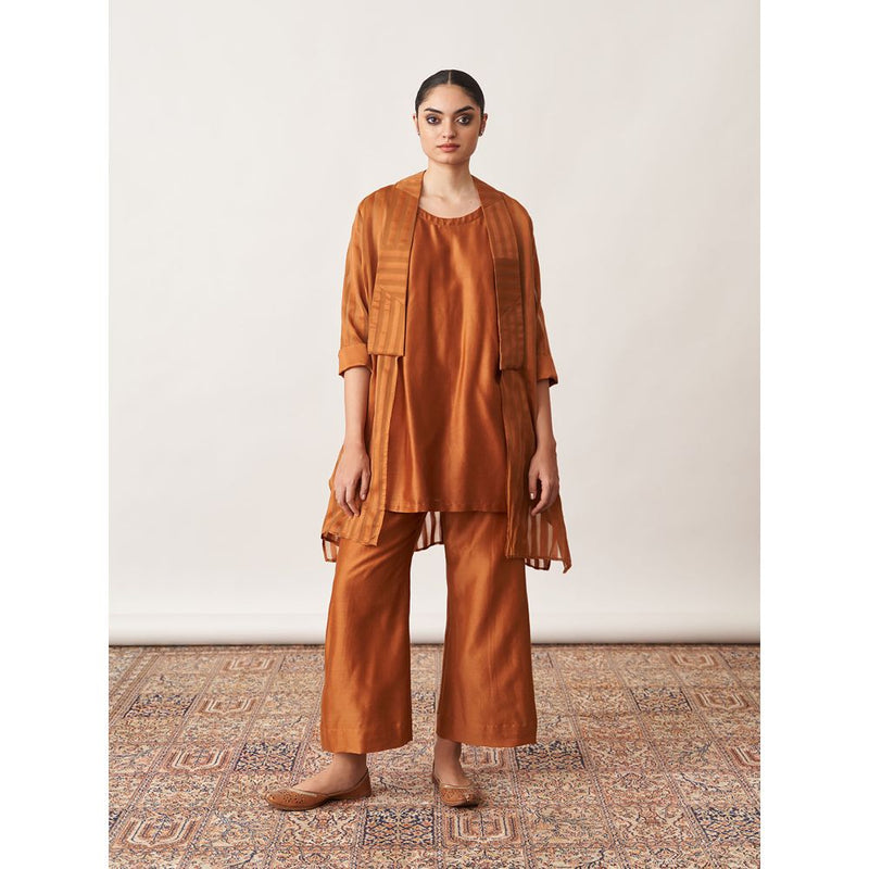 Vaaya The Bronze Silk Chanderi Ensemble Kurta with Overlay and Pant (Set of 3)