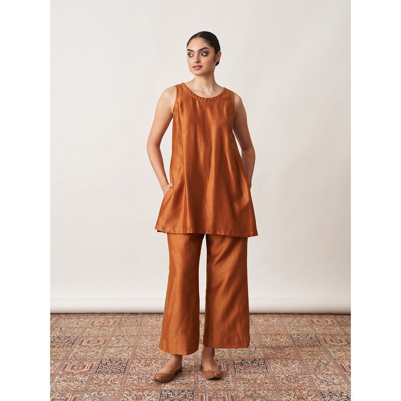 Vaaya The Bronze Silk Chanderi Ensemble Kurta with Overlay and Pant (Set of 3)