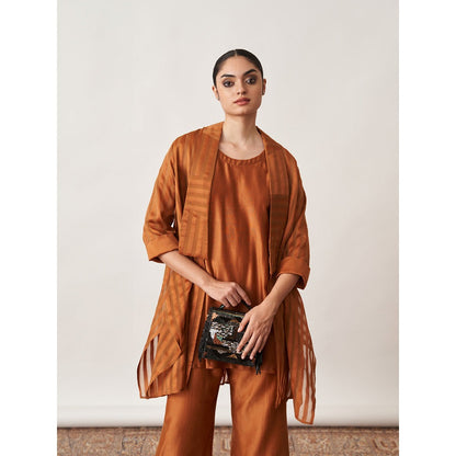 Vaaya The Bronze Silk Chanderi Ensemble Kurta with Overlay and Pant (Set of 3)