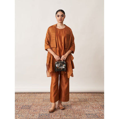 Vaaya The Bronze Silk Chanderi Ensemble Kurta with Overlay and Pant (Set of 3)