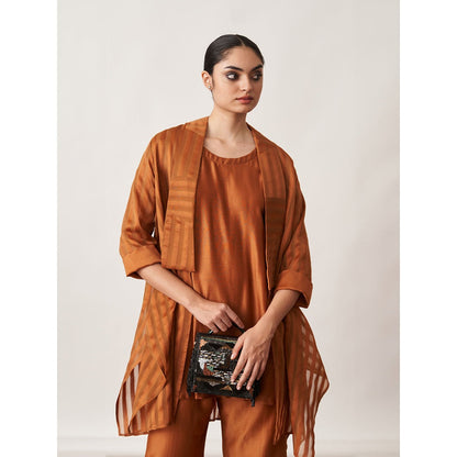 Vaaya The Bronze Silk Chanderi Ensemble Kurta with Overlay and Pant (Set of 3)