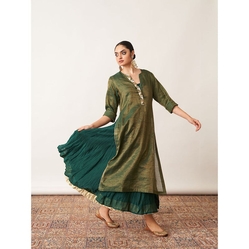 Vaaya The Bottle Green Silk Tissue Chanderi Kalidaar Ensemble Dress with Kurta (Set of 2)