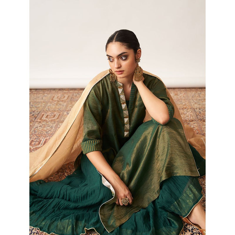 Vaaya The Bottle Green Silk Tissue Chanderi Kalidaar Ensemble Dress with Kurta (Set of 2)