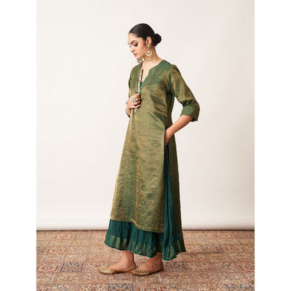 Vaaya The Bottle Green Silk Tissue Chanderi Kalidaar Ensemble Dress with Kurta (Set of 2)