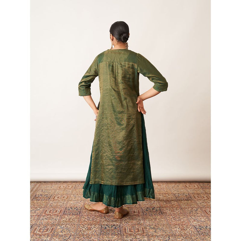 Vaaya The Bottle Green Silk Tissue Chanderi Kalidaar Ensemble Dress with Kurta (Set of 2)