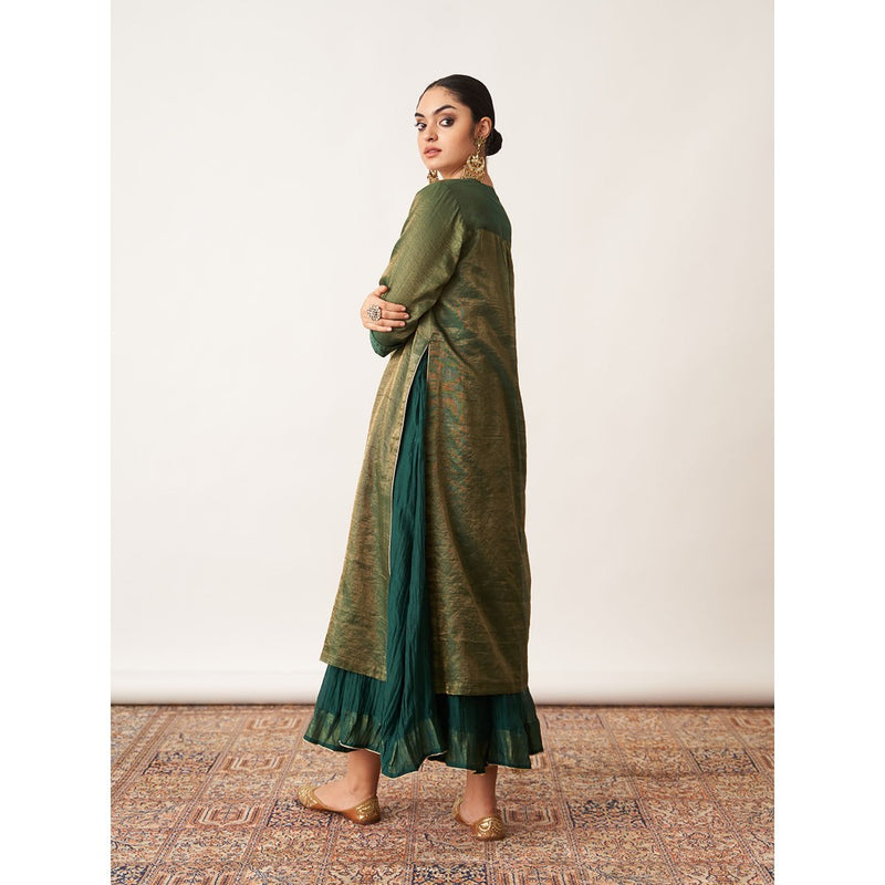 Vaaya The Bottle Green Silk Tissue Chanderi Kalidaar Ensemble Dress with Kurta (Set of 2)