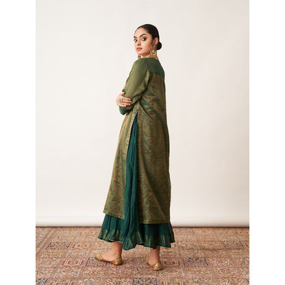Vaaya The Bottle Green Silk Tissue Chanderi Kalidaar Ensemble Dress with Kurta (Set of 2)