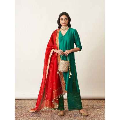Vaaya The Panna Silk Chanderi Green Kurta with Palazzo (Set of 2)