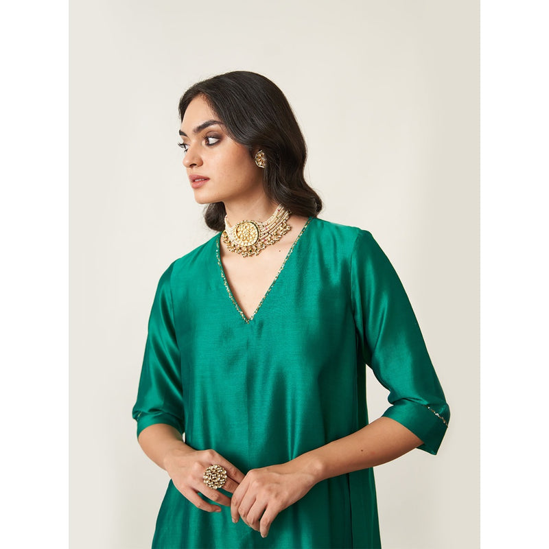 Vaaya The Panna Silk Chanderi Green Kurta with Palazzo (Set of 2)