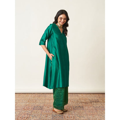 Vaaya The Panna Silk Chanderi Green Kurta with Palazzo (Set of 2)