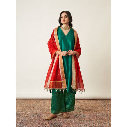 Vaaya The Panna Silk Chanderi Green Kurta with Palazzo (Set of 2)