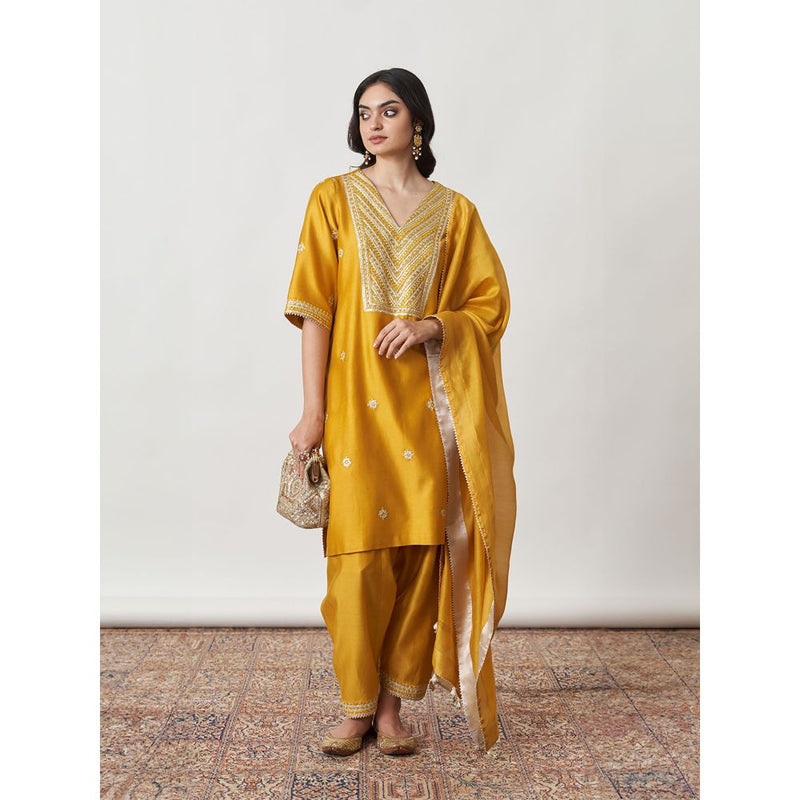 Vaaya The Sarson Silk Chanderi Ensemble Yellow Kurta with Pant and Dupatta (Set of 3)
