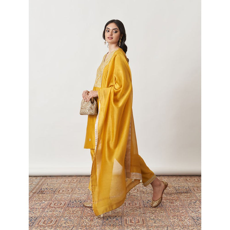 Vaaya The Sarson Silk Chanderi Ensemble Yellow Kurta with Pant and Dupatta (Set of 3)