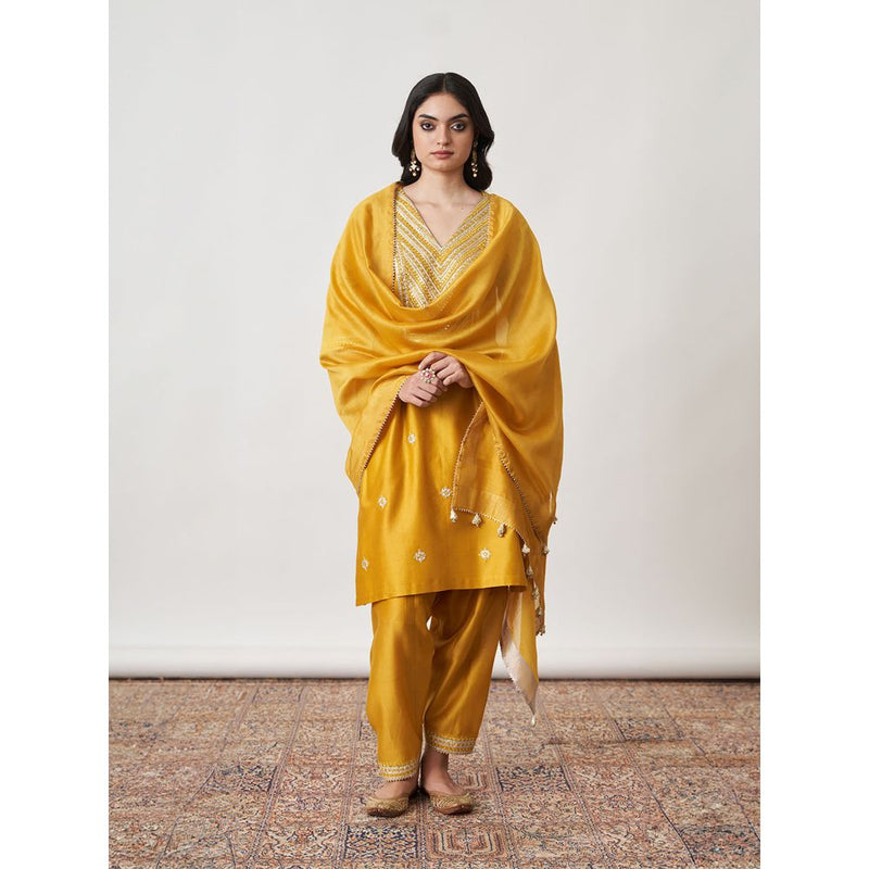 Vaaya The Sarson Silk Chanderi Ensemble Yellow Kurta with Pant and Dupatta (Set of 3)