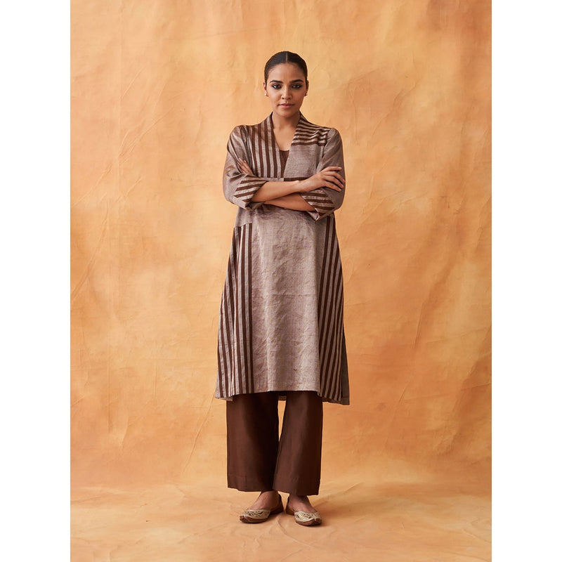 Vaaya The Tamra Silver & Brown Striped Silk Tissue Chanderi Kurta with Pant (Set of 2)