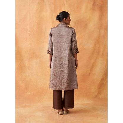 Vaaya The Tamra Silver & Brown Striped Silk Tissue Chanderi Kurta with Pant (Set of 2)