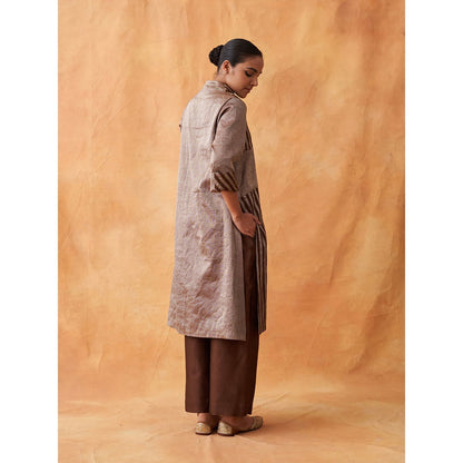 Vaaya The Tamra Silver & Brown Striped Silk Tissue Chanderi Kurta with Pant (Set of 2)