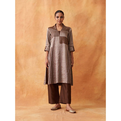 Vaaya The Tamra Silver & Brown Striped Silk Tissue Chanderi Kurta with Pant (Set of 2)