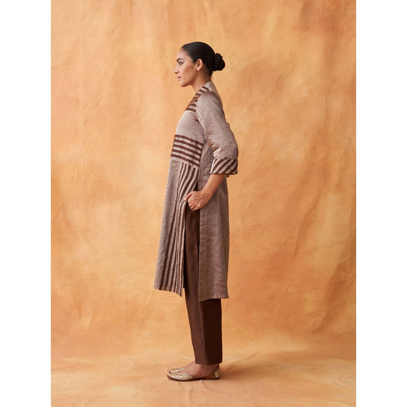 Vaaya The Tamra Silver & Brown Striped Silk Tissue Chanderi Kurta with Pant (Set of 2)