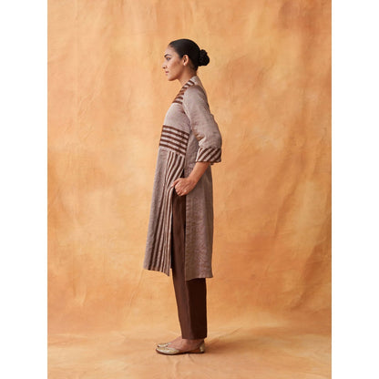 Vaaya The Tamra Silver & Brown Striped Silk Tissue Chanderi Kurta with Pant (Set of 2)