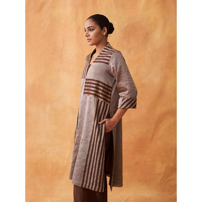 Vaaya The Tamra Silver & Brown Striped Silk Tissue Chanderi Kurta with Pant (Set of 2)