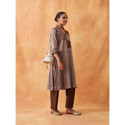 Vaaya The Tamra Silver & Brown Striped Silk Tissue Chanderi Kurta with Pant (Set of 2)