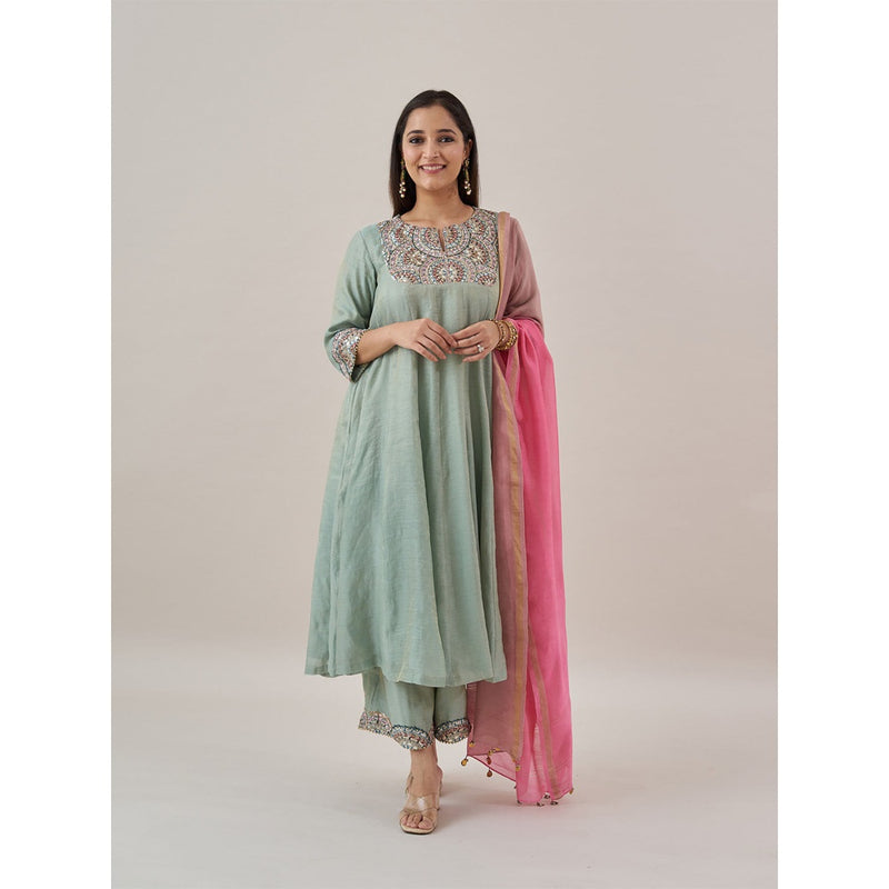 Vaaya The Blue Chanderi Gota Zari Anarkali Kurta with Palazzo and Dupatta (Set of 3)