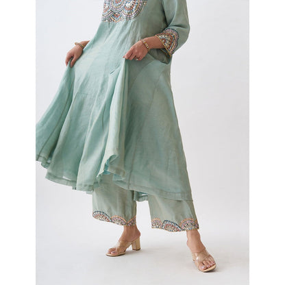 Vaaya The Blue Chanderi Gota Zari Anarkali Kurta with Palazzo and Dupatta (Set of 3)