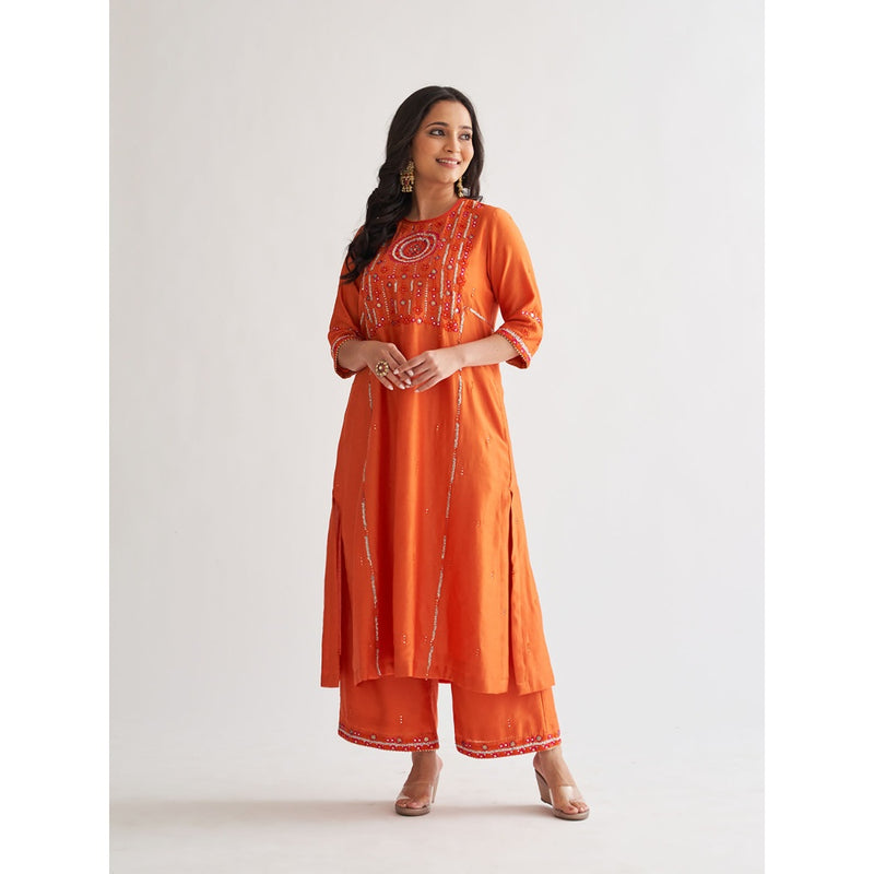 Vaaya The Narangi Silk Chanderi With Handwork Kurta with Palazzo and Dupatta (Set of 3)