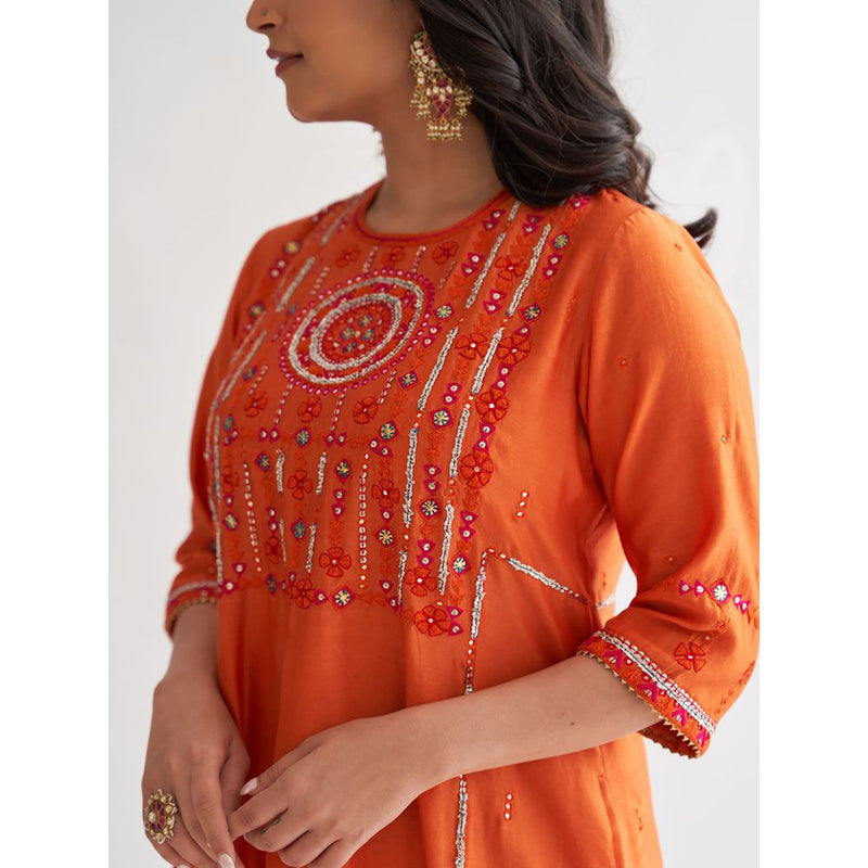 Vaaya The Narangi Silk Chanderi With Handwork Kurta with Palazzo and Dupatta (Set of 3)