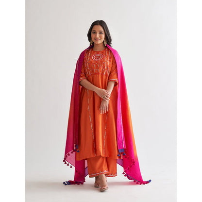 Vaaya The Narangi Silk Chanderi With Handwork Kurta with Palazzo and Dupatta (Set of 3)