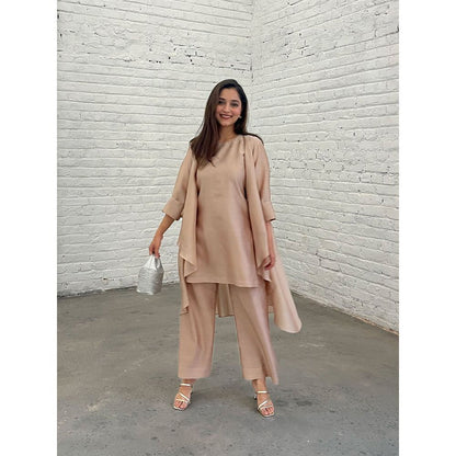 Vaaya The Waterfall Ensemble Kurti with Overlay and Pant- Champagne (Set of 3)