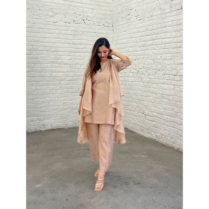 Vaaya The Waterfall Ensemble Kurti with Overlay and Pant- Champagne (Set of 3)