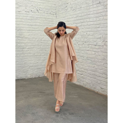Vaaya The Waterfall Ensemble Kurti with Overlay and Pant- Champagne (Set of 3)