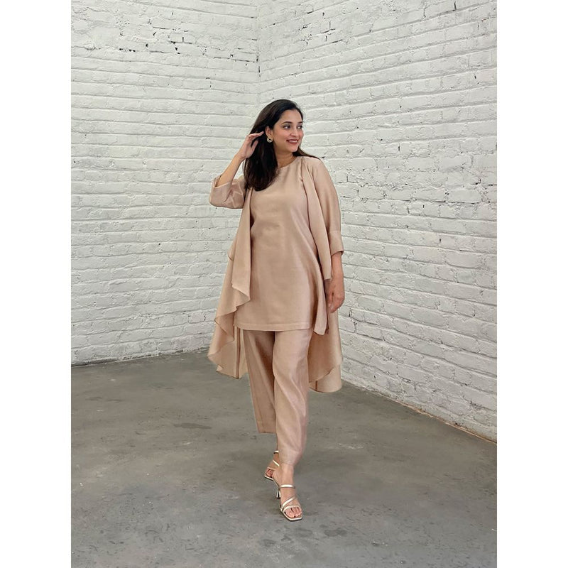 Vaaya The Waterfall Ensemble Kurti with Overlay and Pant- Champagne (Set of 3)