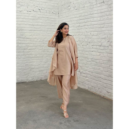 Vaaya The Waterfall Ensemble Kurti with Overlay and Pant- Champagne (Set of 3)