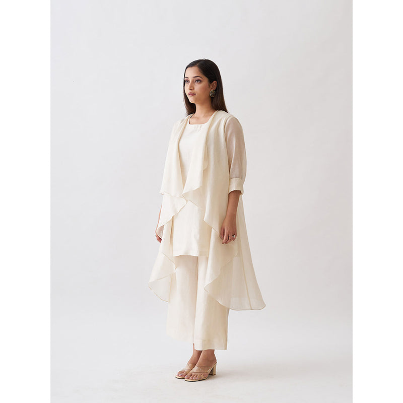 Vaaya The Waterfall Ensemble Overlay with Kurta and Pant - Off White (Set of 3)