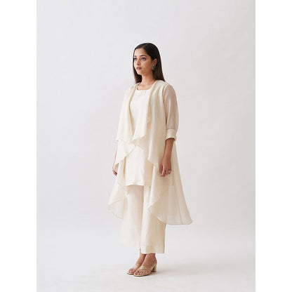 Vaaya The Waterfall Ensemble Overlay with Kurta and Pant - Off White (Set of 3)