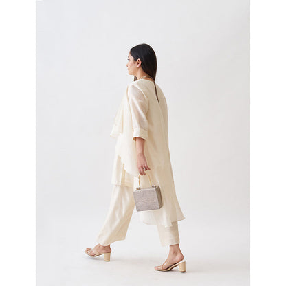 Vaaya The Waterfall Ensemble Overlay with Kurta and Pant - Off White (Set of 3)