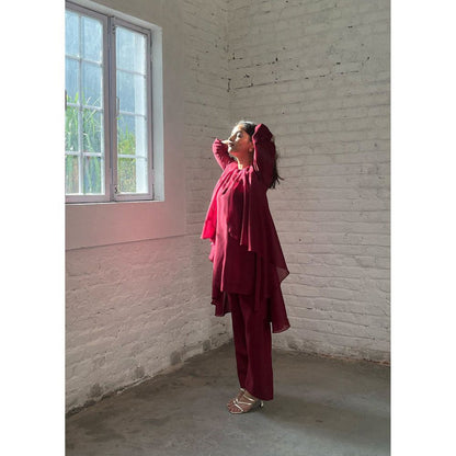 Vaaya The Waterfall Ensemble Overlay with Kurta and Pant -Burgundy (Set of 3)