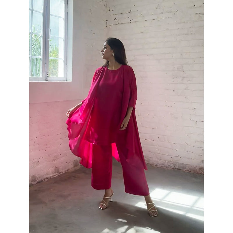 Vaaya The Waterfall Ensemble Overlay with Kurta and Palazzo - Rani Pink (Set of 3)