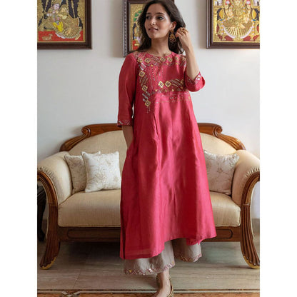Vaaya Apple Red & Ash Grey Pure Silk Chander Gota Patti Kurta with Palazzo and Dupatta (Set of 3)