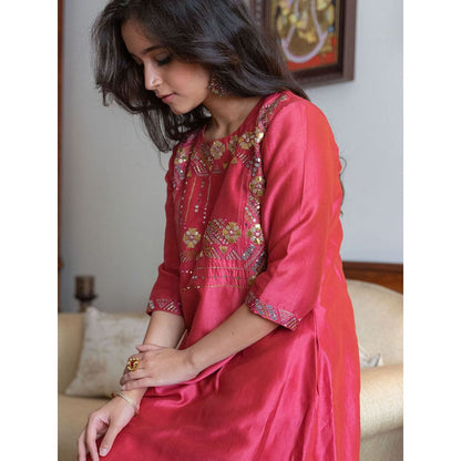 Vaaya Apple Red & Ash Grey Pure Silk Chander Gota Patti Kurta with Palazzo and Dupatta (Set of 3)