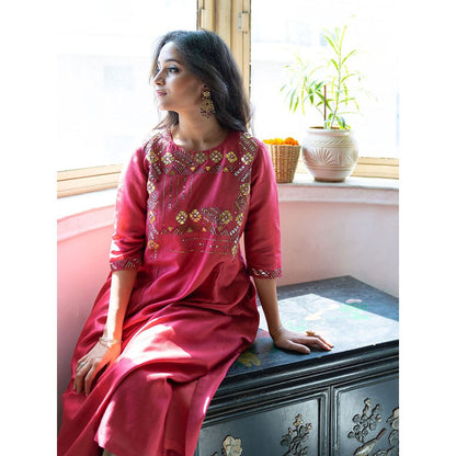 Vaaya Apple Red & Ash Grey Pure Silk Chander Gota Patti Kurta with Palazzo and Dupatta (Set of 3)