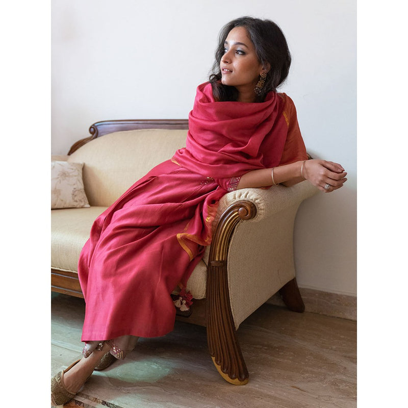 Vaaya Apple Red & Ash Grey Pure Silk Chander Gota Patti Kurta with Palazzo and Dupatta (Set of 3)