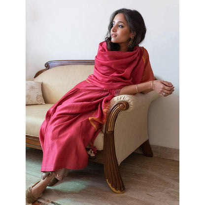 Vaaya Apple Red & Ash Grey Pure Silk Chander Gota Patti Kurta with Palazzo and Dupatta (Set of 3)