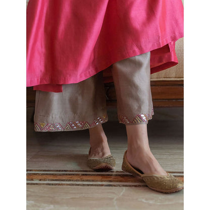 Vaaya Apple Red & Ash Grey Pure Silk Chander Gota Patti Kurta with Palazzo and Dupatta (Set of 3)