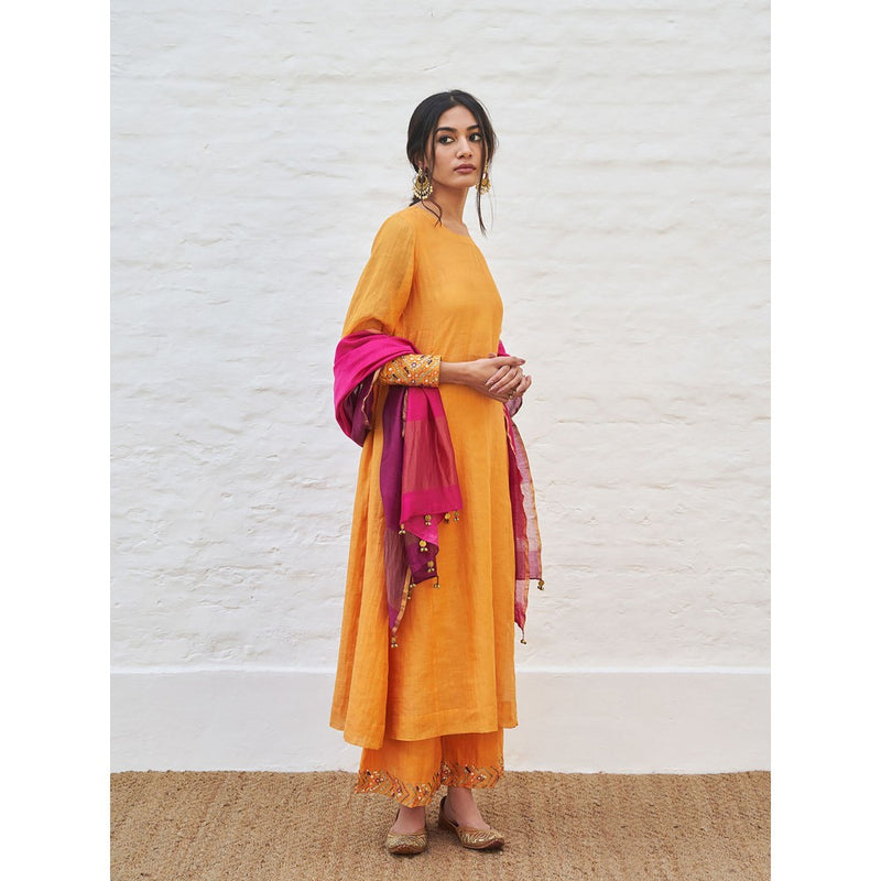 Vaaya Tangerine Pure Silk Tissue Chander Handwork Kurta with Palazzo and Dupatta (Set of 3)