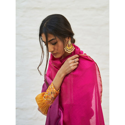 Vaaya Tangerine Pure Silk Tissue Chander Handwork Kurta with Palazzo and Dupatta (Set of 3)