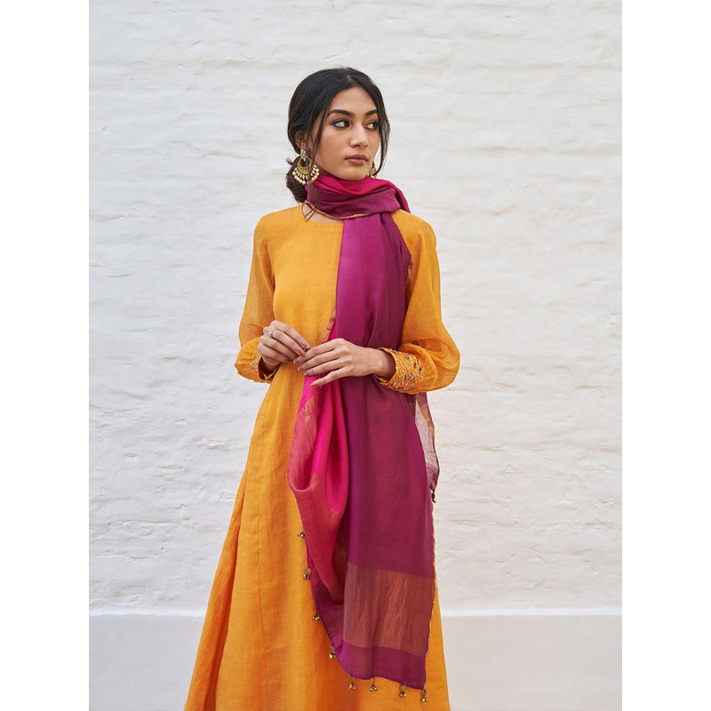 Vaaya Tangerine Pure Silk Tissue Chander Handwork Kurta with Palazzo and Dupatta (Set of 3)